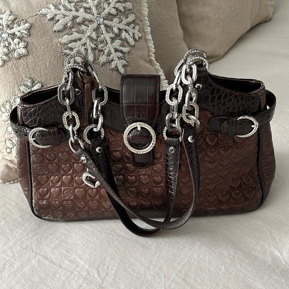 Brighton Vintage Brown Metallic Heart Embossed Leather Handbag